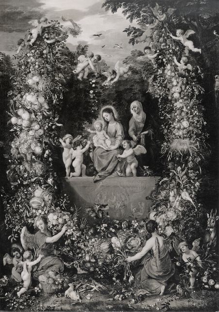 Anonimo — Brueghel Jan il Vecchio; Balen Hendrik van I - sec. XVII - Ghirlanda di fiori, frutta, ortaggi, animali, angeli e putti con Madonna con Bambino e una santa — insieme